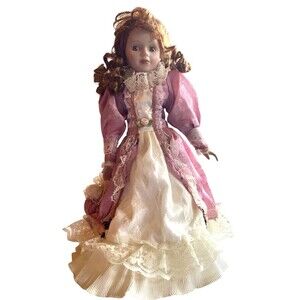 Vintage Porcelain Doll Victorian Pink Lace Gown Red Curl Gold Eye Marking 17 in